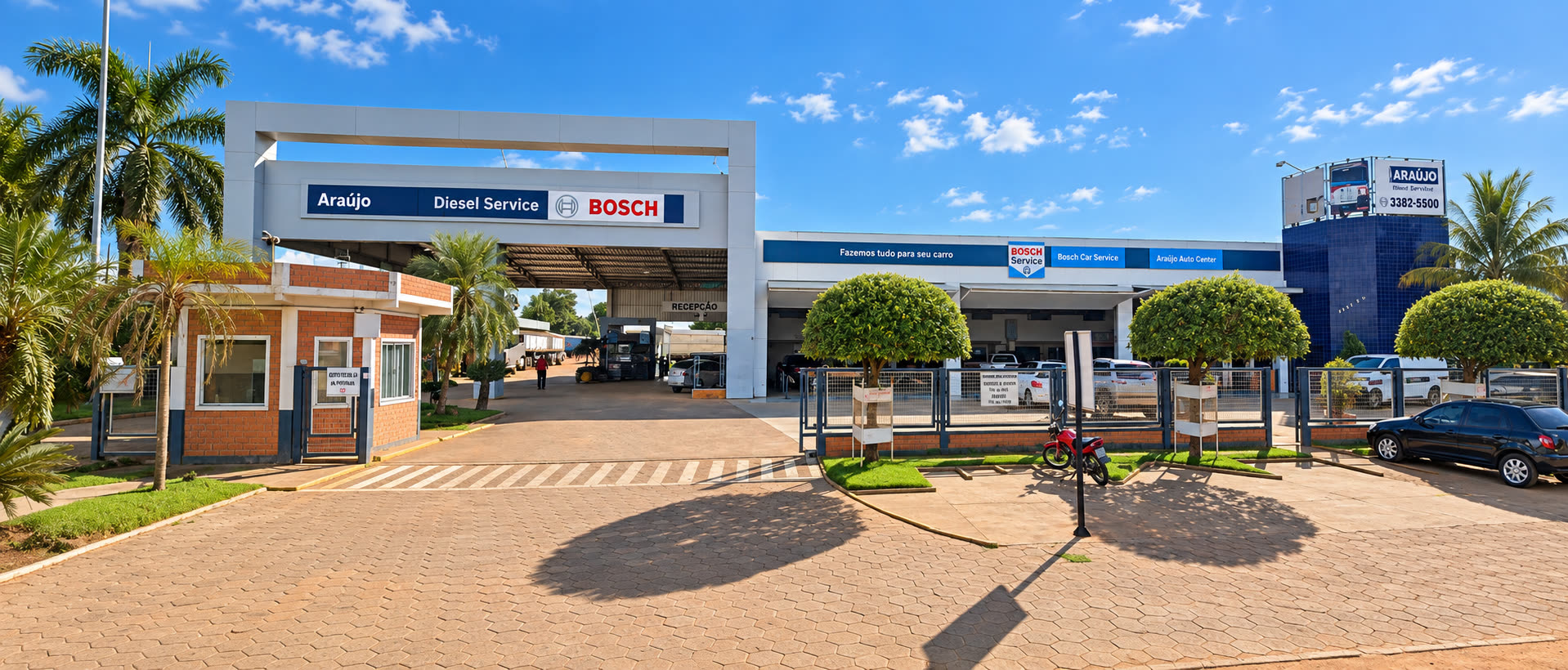 Fachada da Araújo Auto Center e da Araújo Diesel Service, oficinas Bosch em Campo Novo do Parecis
