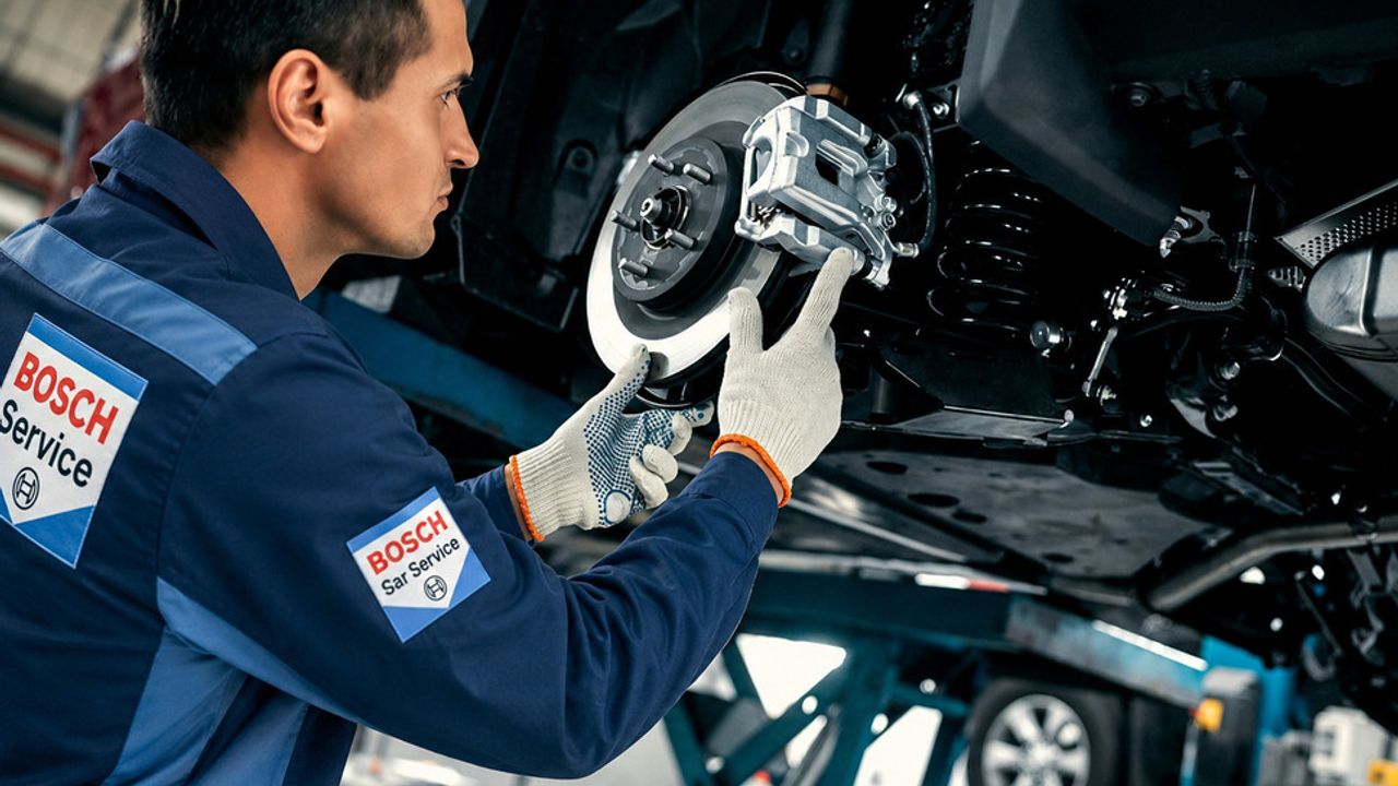 Mecânico da Bosch Service revisando o sistema de freios de um veículo