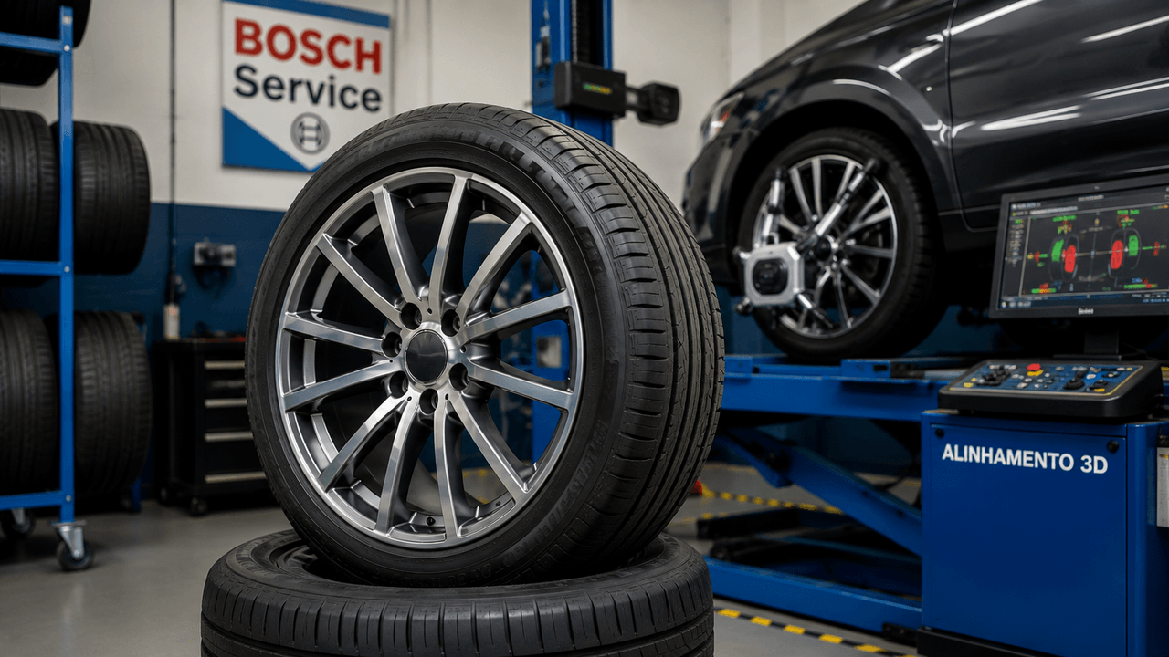 Roda e pneu em bancada de alinhamento 3D na Araújo Auto Center
